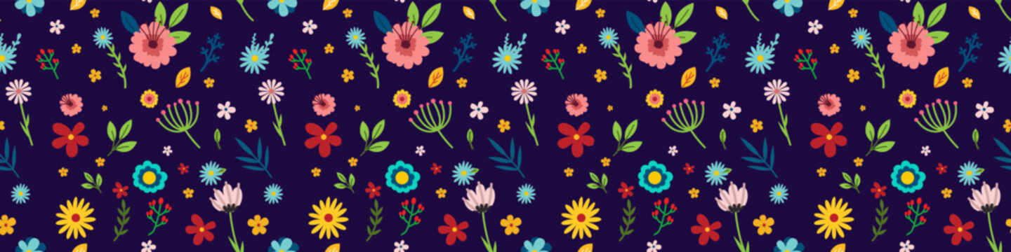 Spring floral pattern on dark blue background. Vector set of spring flowers for your design. Vector EPS 10 © The Best Stocker