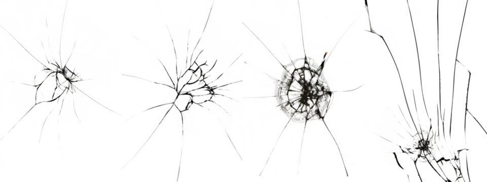Set of broken glass effect, cracks on white background. Texture for design.