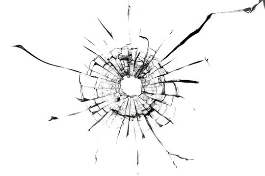 Shot hole, texture of cracks on the glass. Broken windshield. Damaged car window
