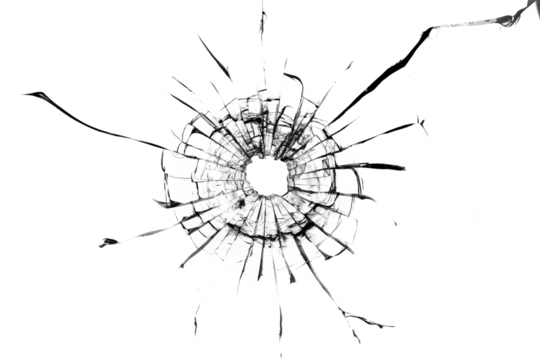 Shot hole, texture of cracks on the glass. Broken windshield. Damaged car window