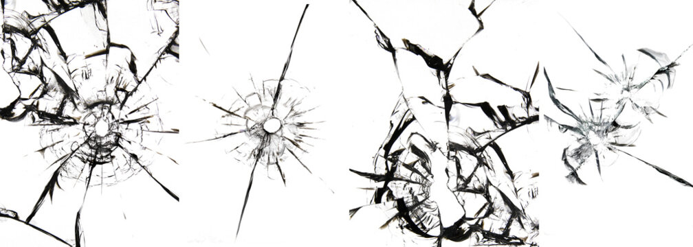 Set of cracks on broken glass, bullets from a bullet shot. Collage of 4 photos for design
