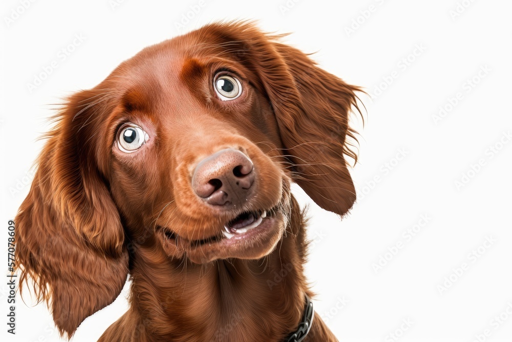 Poster smiling red puppy cobberdog, gazing front. posing a questioning gaze at the camera. separation from 