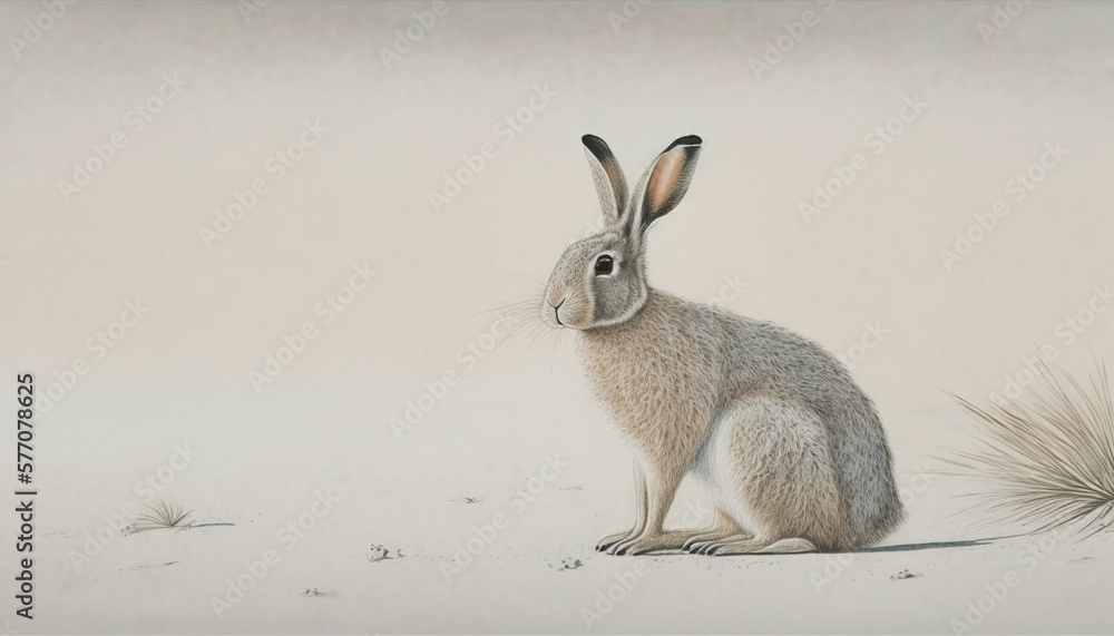 Poster a painting of a rabbit sitting in the snow with grass in front of it and a white background with a l