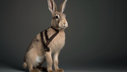 Obraz na płótnie Canvas a brown rabbit with a harness on sitting on a gray background with a black background behind it and a gray background behind it with a black background. generative ai
