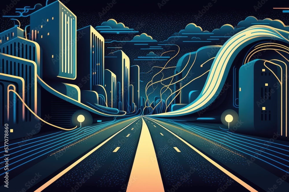 Poster illustration of a city's digital binary buildings along an abstract roadway. knowledge of hyper loop