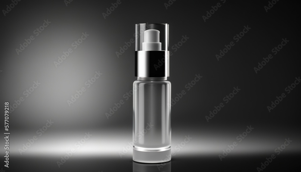 Poster a glass bottle with a black top and a white cap on a black background with a reflection of the bottl