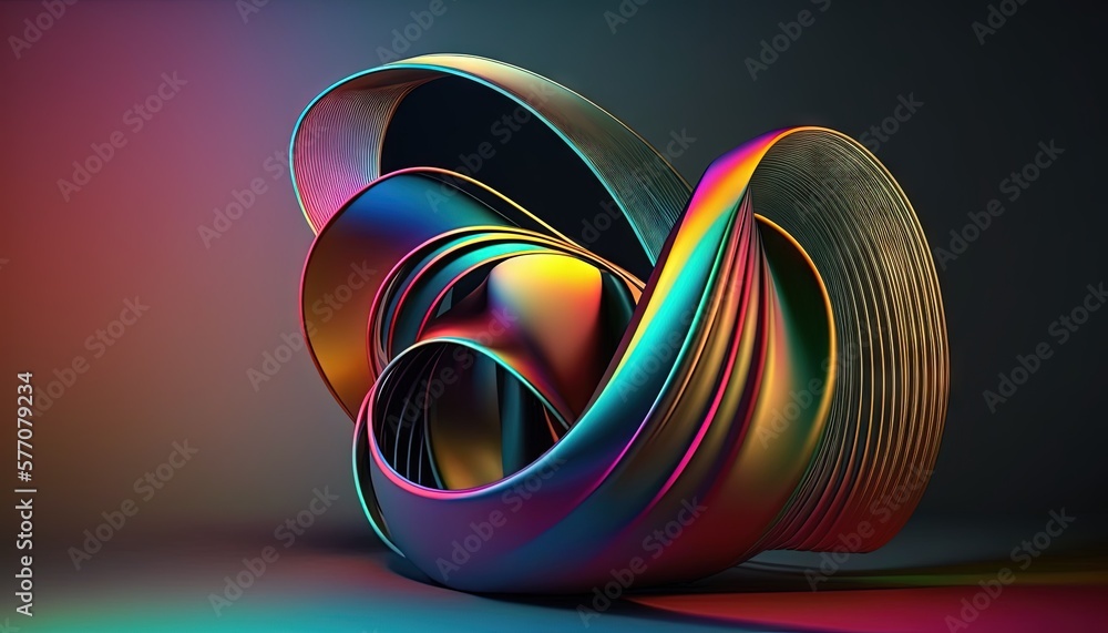 Poster a colorful object with a black background and a blue and pink background with a red and yellow strip