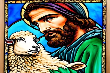 Obraz premium Stained glass of Son of God, the Lord is my shepherd, Jesus Christ with a flock of sheep, symbol of Christianity hand drawn art illustration painted with watercolors. Generative AI