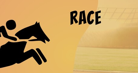 Digitally generated image of jockey riding horse towards race text over colored background