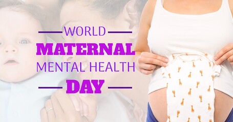 Double exposure of world maternal mental health day text over mother and baby