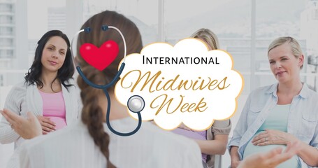 Digital composite image of midwives week text with stethoscope over doctor and pregnant women - Powered by Adobe