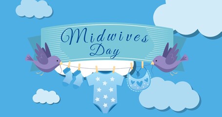 Midwives day text over birds holding string hanging baby clothes against blue sky