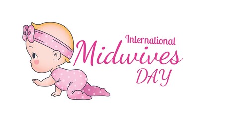 International midwives day text with baby girl crawling over white background