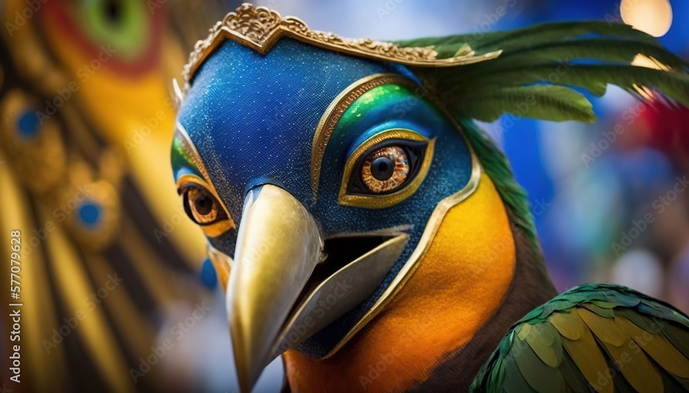 Poster a close up of a colorful bird with a fancy mask on it's head and a large feather on its head, with a