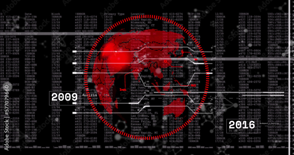 Poster image of globe and data processing on black background