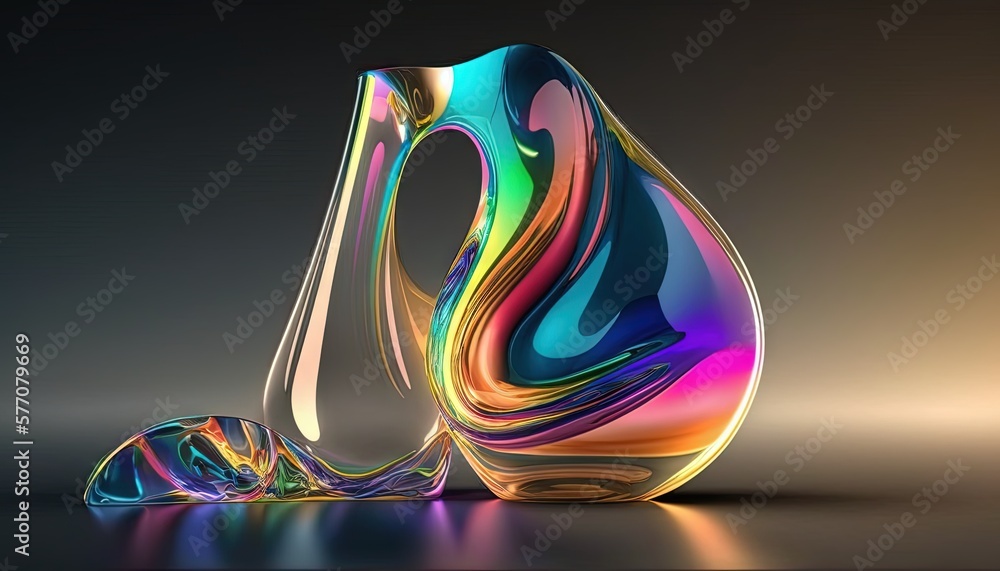 Poster a colorful vase sitting on top of a table next to a pair of shoes on the floor of a dark room with l