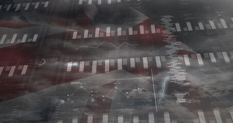 Image of data processing over clouds and flag of uk