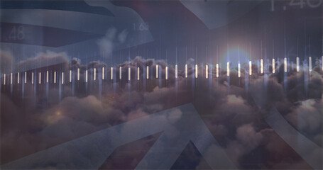 Image of data processing over clouds and flag of uk