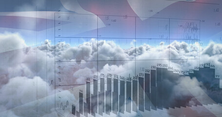 Image of data processing over clouds and flag of uk