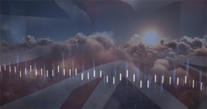 Image of data processing over clouds and flag of uk