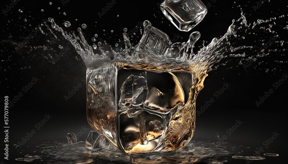 Poster an ice cube with water splashing out of it on a black background with a splash of water on the top o