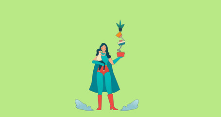 Image of superhero mother with daughter icon over plants