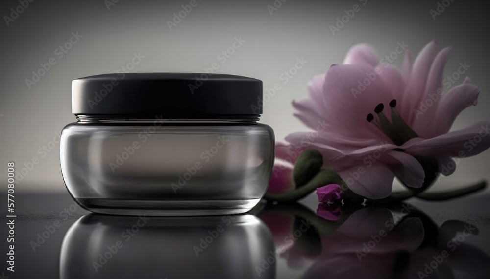 Poster a pink flower sitting next to a jar of cream on a black table with a reflection on the surface of th