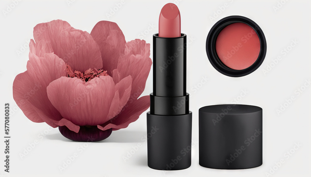 Poster a lipstick and a flower on a white background with a pink flower in the middle of the image and a bl