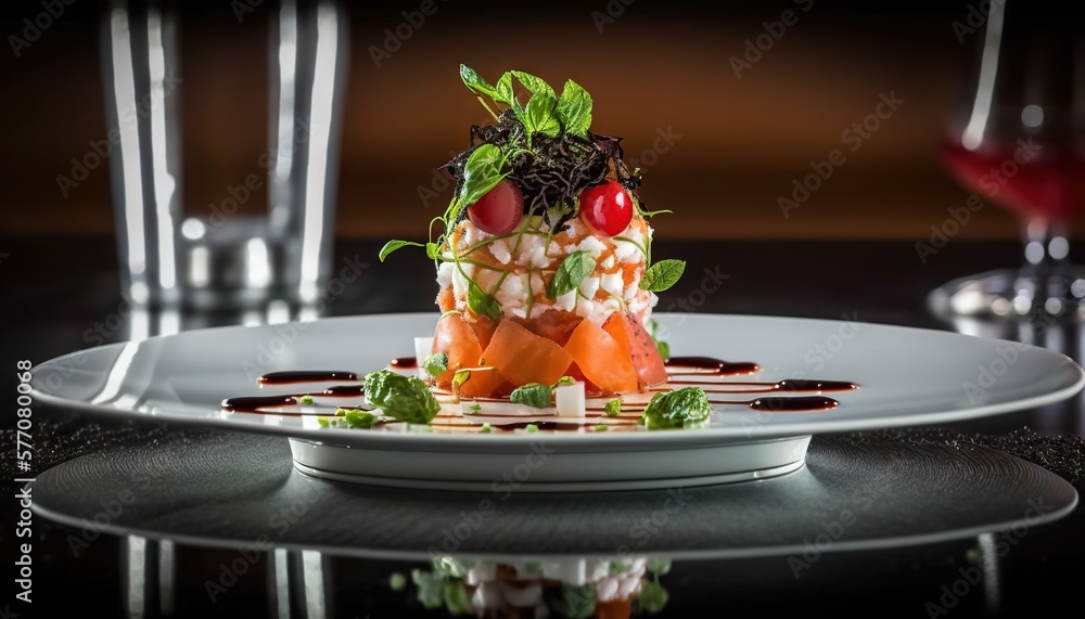 Poster a plate of food on a table with glasses of wine in the backgroung and a glass of red wine in the bac