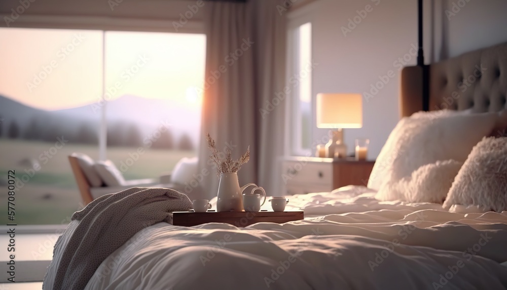 Aufkleber a bed with a tray of tea on it in a bedroom with a view of the mountains outside of the window and a