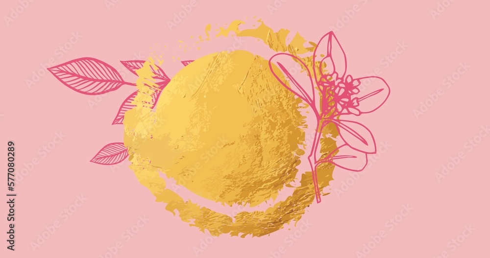 Poster digitally generated image of golden abstract pattern over pink background
