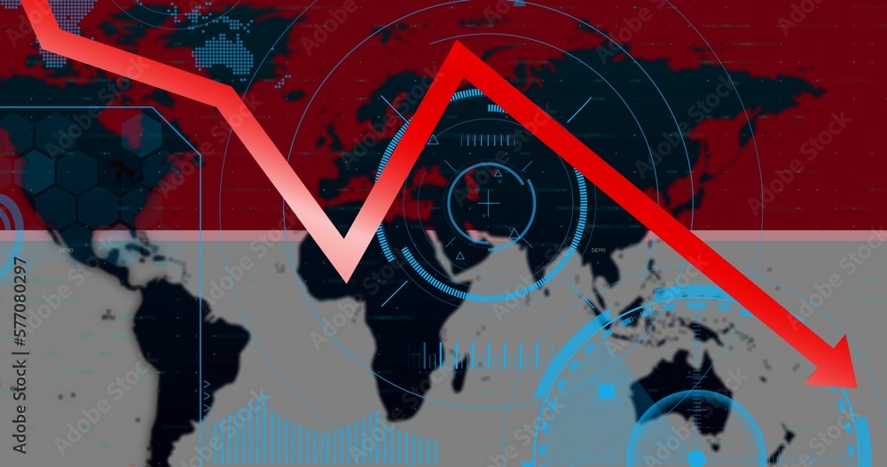 Poster digital composite image of red downgrading pointing graph over world map