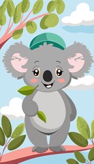 Plakat a koala is sitting on a tree branch with a leaf in its mouth and a hat on its head, with clouds in the background. generative ai