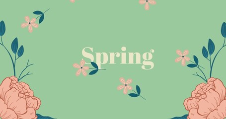 Digitally generated image of spring text amidst pink flowers over green background