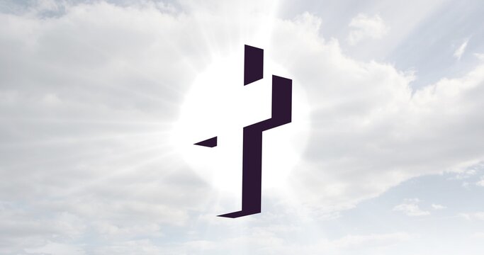 Digital composite image of back lit cross against sky with clouds