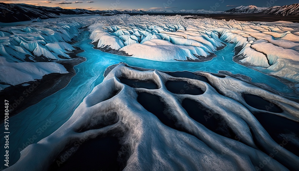 Poster an aerial view of a river running through a mountain range with snow on the ground and mountains in 