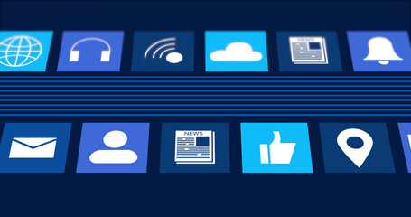Image of digital online icons and blue stripes moving on dark blue background