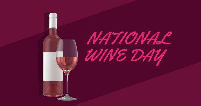 Digitally generated image of national wine day text by bottle and wineglass over colored background