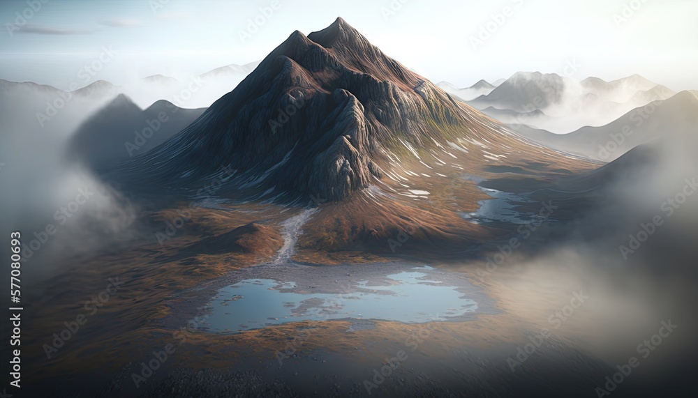 Poster a very tall mountain with a lake in the middle of it and a few clouds in the sky above it and a few 