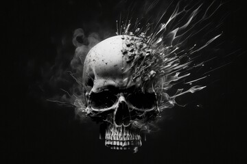 Skull of a human, bullet, blood, and smoke against a pitch black backdrop. Concept of criminal activity and warfare. Generative AI