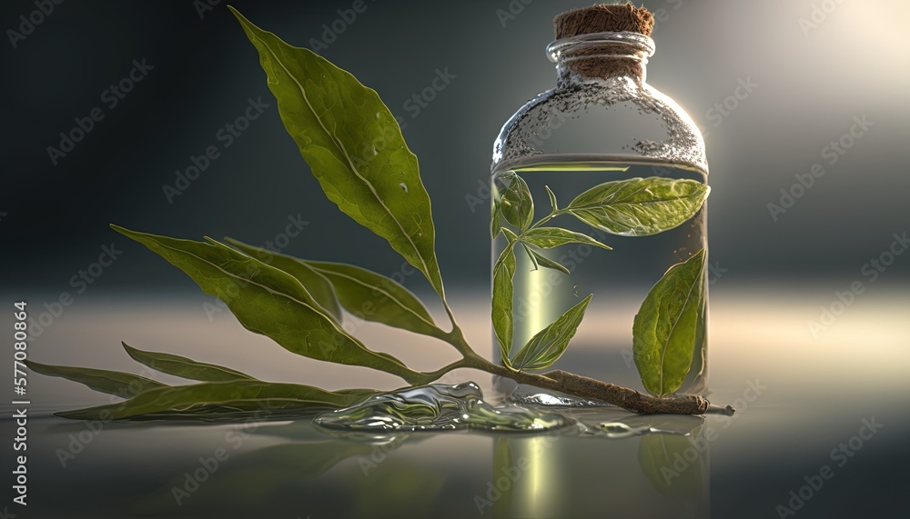 Poster a bottle of water with a plant inside of it and a small branch in the middle of the bottle with wate