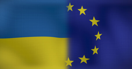 Image of moving and floating flags of ukraine and eu