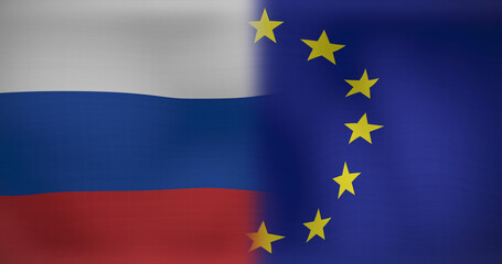 Image of moving and floating flags of russia and eu