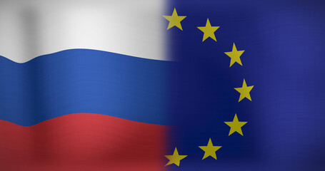 Image of moving and floating flags of russia and eu - obrazy, fototapety, plakaty