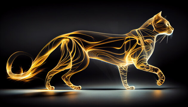 Cat running at night street, light trails