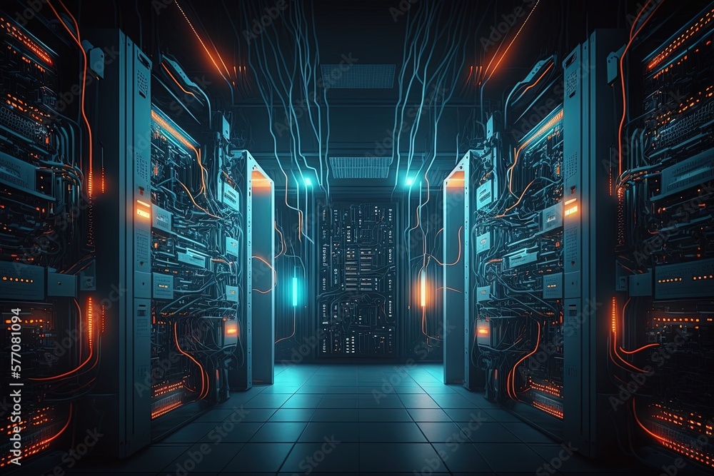Poster an abstract view of a state of the art internet data center filled with rows of racks housing server