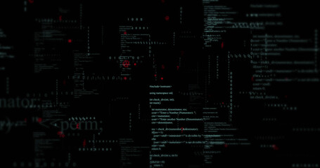 Image of binary coding and data processing on black background