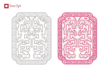 Stencil pattern engraved with symmetrical cloud pattern of double dragons within a square vertical traditional frame. Maze border, kui dragon pattern, single line vector, ornament.