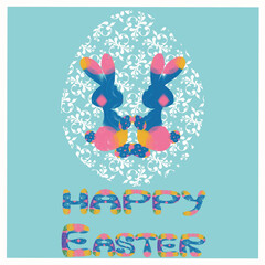 easter card with bunny a couple of bunnies congratulates on Easter,an openwork white Easter egg,colored rainbow bunnies,easter bunnies,happy easter