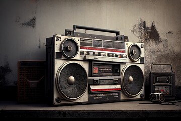 Design That Is From The Past Background Of Front Concrete Wall With Ghetto Blaster Boombox Stereo Radio Cassette Tape Recorders Tower From The 1980S. Filtered Picture With A Retro Feel. Generative AI - obrazy, fototapety, plakaty